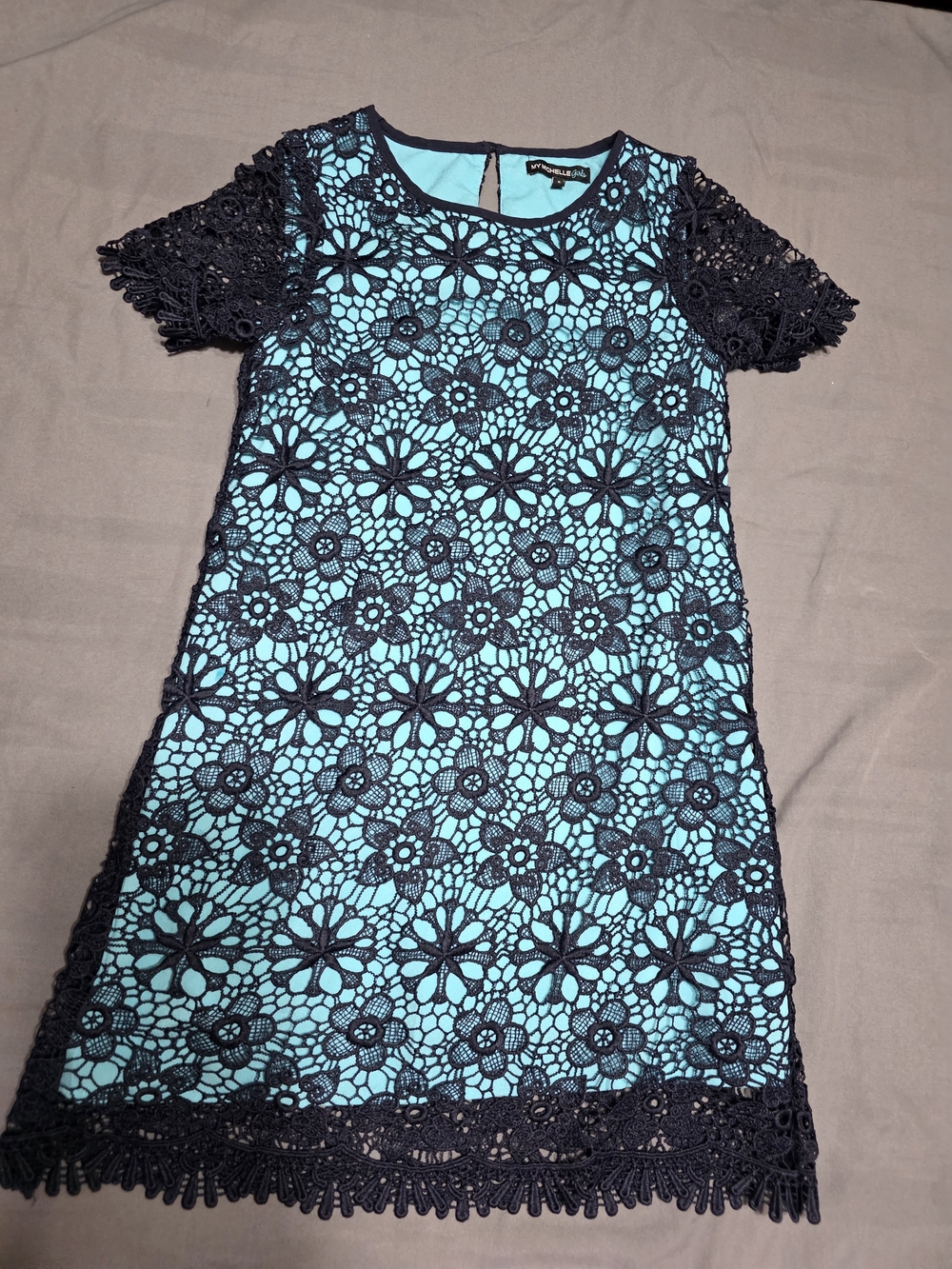 My Michelle Aqua Dress with Navy Floral Lace Overlay